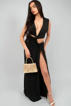 Black Lea Twist Detail Plunge Split Leg Cut Out Maxi Dress<IKRUSH New
