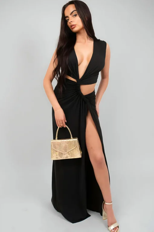 Black Lea Twist Detail Plunge Split Leg Cut Out Maxi Dress<IKRUSH New