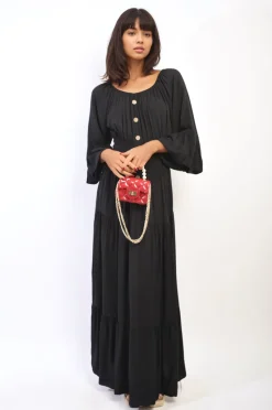 Black Leah Ruffle Hem Sleeve Shirred Waist Tiered Maxi Dress<IKRUSH Online