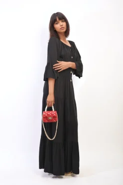 Black Leah Ruffle Hem Sleeve Shirred Waist Tiered Maxi Dress<IKRUSH Online