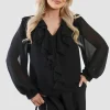 Black Leyla Ruffle Trim Front Long Sleeve Top<IKRUSH Online