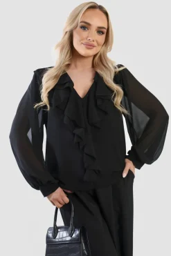 Black Leyla Ruffle Trim Front Long Sleeve Top<IKRUSH Online
