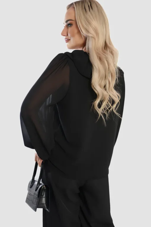 Black Leyla Ruffle Trim Front Long Sleeve Top<IKRUSH Online