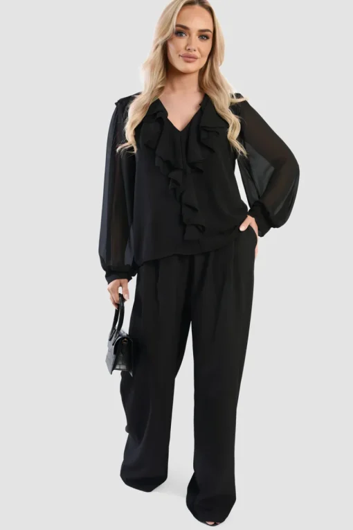Black Leyla Ruffle Trim Front Long Sleeve Top<IKRUSH Online
