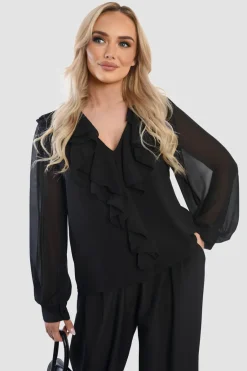 Black Leyla Ruffle Trim Front Long Sleeve Top<IKRUSH Online
