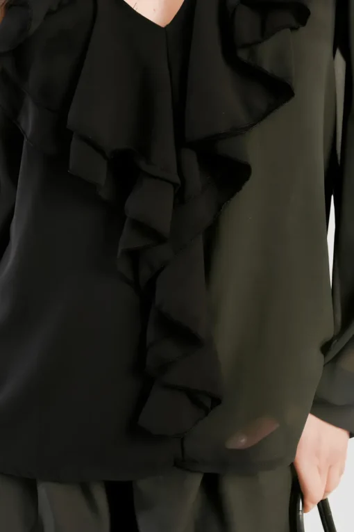 Black Leyla Ruffle Trim Front Long Sleeve Top<IKRUSH Online
