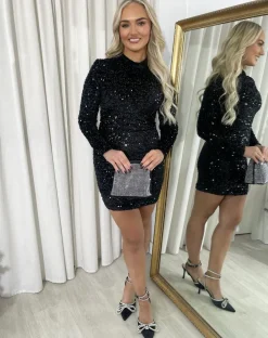 Black Lorena Sequin Long Sleeve Bodycon Mini Dress<IKRUSH Discount