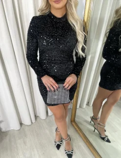 Black Lorena Sequin Long Sleeve Bodycon Mini Dress<IKRUSH Discount