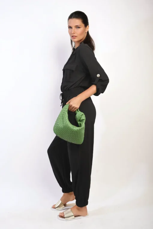 Black Lucia Collar Button-Front Jogger Drawstring Jumpsuit<IKRUSH Online
