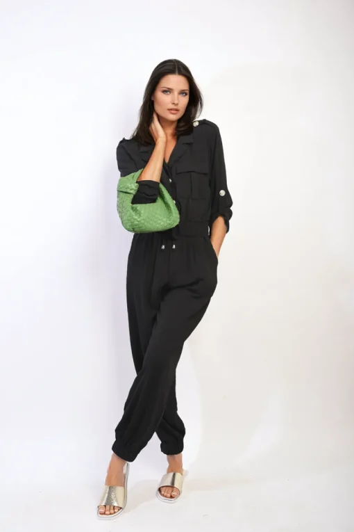 Black Lucia Collar Button-Front Jogger Drawstring Jumpsuit<IKRUSH Online