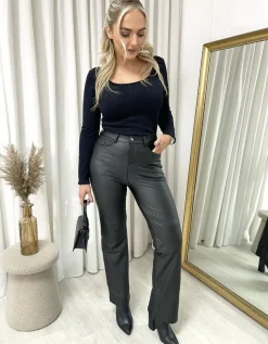 Black Lucia High Waisted Faux Leather Trouser<IKRUSH Clearance