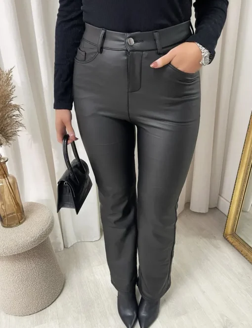 Black Lucia High Waisted Faux Leather Trouser<IKRUSH Clearance