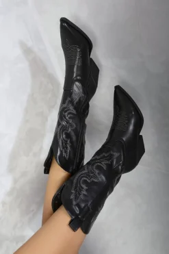 Black Lucille High Pointed Toe Embroidered Thick Heel Cowboy Boots<IKRUSH Discount