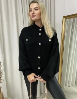 Black Lucy Oversized Button Down Chunky Knitted Top<IKRUSH Fashion