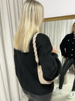 Black Lucy Oversized Button Down Chunky Knitted Top<IKRUSH Fashion