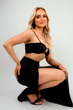 Black Lyra Bandeau Crop Top and Wrap Maxi Skirt Co-ord with Gem Detail<IKRUSH Clearance