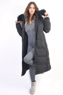 Black Maisie Longline Faux Fur Hooded Puffer Jacket<IKRUSH Online