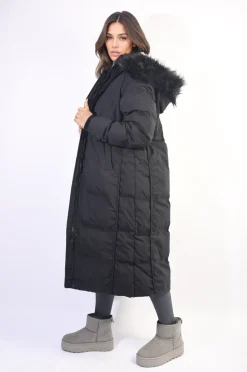 Black Maisie Longline Faux Fur Hooded Puffer Jacket<IKRUSH Online