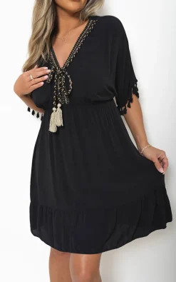 Black Maja V-Neck Short Sleeve Midi Dress with Tassel Detail<IKRUSH Best