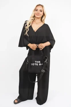 Black Maysa Wide Leg V Neck Jumpsuit with Back Tie Detail<IKRUSH Outlet