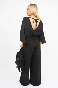 Black Maysa Wide Leg V Neck Jumpsuit with Back Tie Detail<IKRUSH Outlet