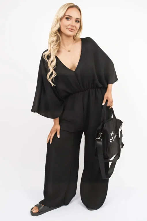 Black Maysa Wide Leg V Neck Jumpsuit with Back Tie Detail<IKRUSH Outlet