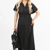 Black Meissa V Neck Short Sleeve Maxi Dress with Shirred Waist<IKRUSH Sale