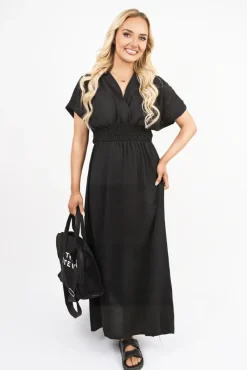 Black Meissa V Neck Short Sleeve Maxi Dress with Shirred Waist<IKRUSH Sale