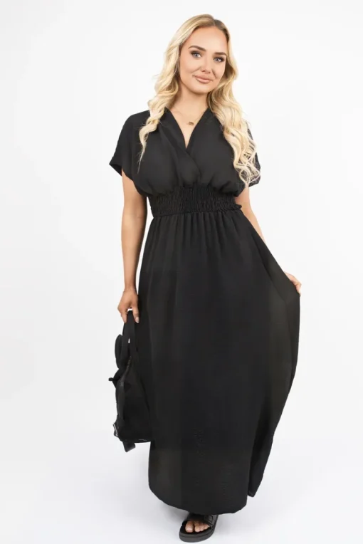 Black Meissa V Neck Short Sleeve Maxi Dress with Shirred Waist<IKRUSH Sale