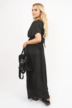 Black Meissa V Neck Short Sleeve Maxi Dress with Shirred Waist<IKRUSH Sale