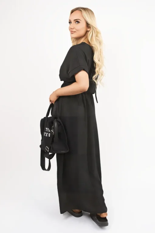Black Meissa V Neck Short Sleeve Maxi Dress with Shirred Waist<IKRUSH Sale