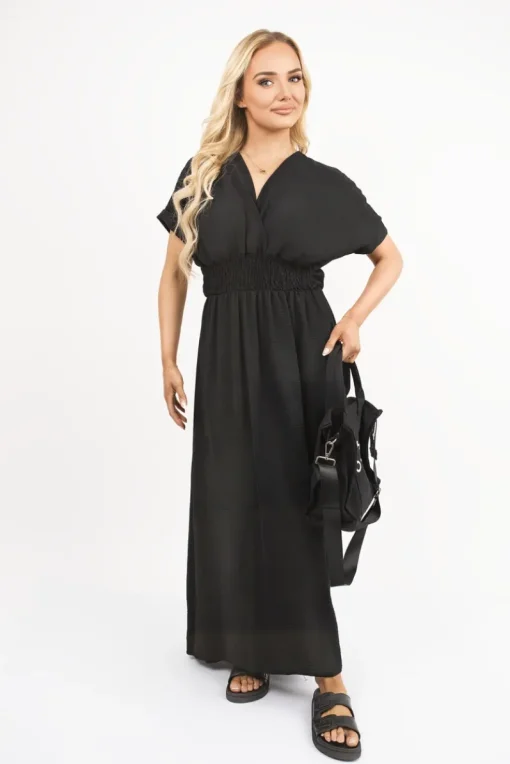 Black Meissa V Neck Short Sleeve Maxi Dress with Shirred Waist<IKRUSH Sale