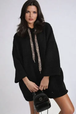 Black Melissa Drawstring Teddie Hoodie Jacket with Front Pockets<IKRUSH Online