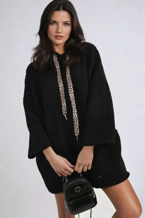 Black Melissa Drawstring Teddie Hoodie Jacket with Front Pockets<IKRUSH Online