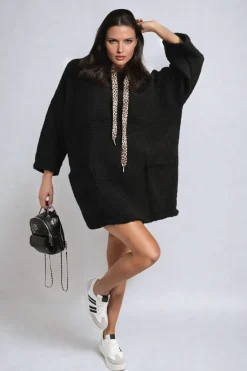 Black Melissa Drawstring Teddie Hoodie Jacket with Front Pockets<IKRUSH Online