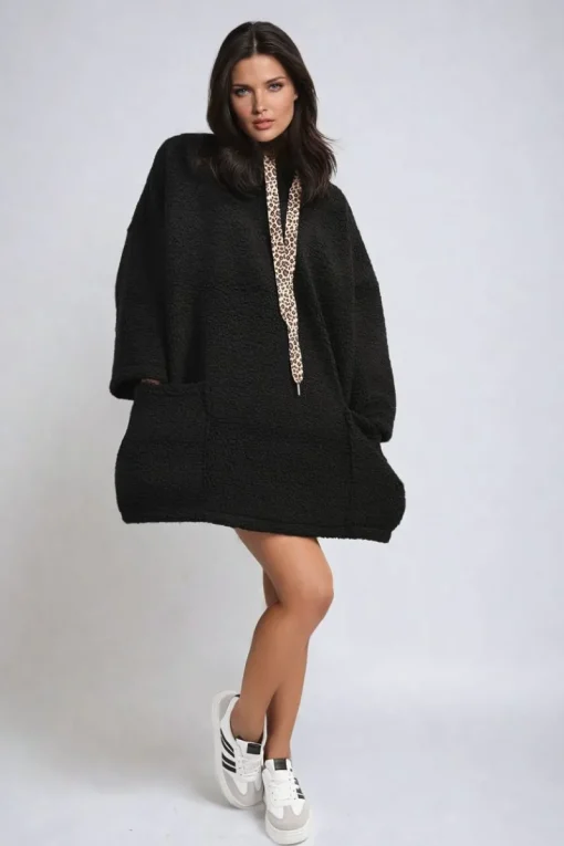 Black Melissa Drawstring Teddie Hoodie Jacket with Front Pockets<IKRUSH Online