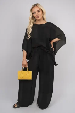 Black Melody Batwing Top and Drawstring Wide Leg Trousers Co-ord Set<IKRUSH Sale