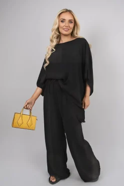 Black Melody Batwing Top and Drawstring Wide Leg Trousers Co-ord Set<IKRUSH Sale