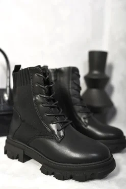 Black Monica Knit Lace Up Chunky Ankle Boots<IKRUSH Fashion