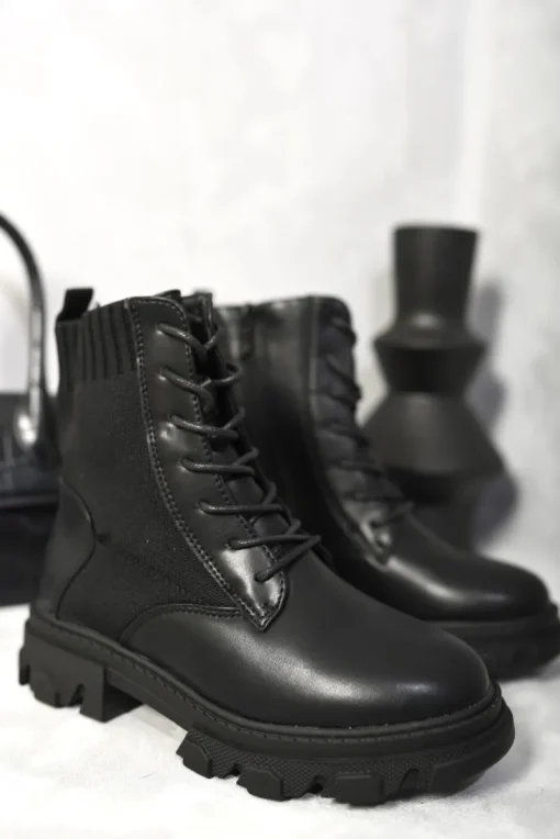 Black Monica Knit Lace Up Chunky Ankle Boots<IKRUSH Fashion