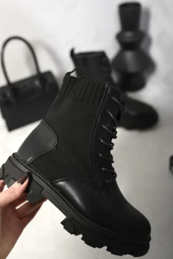 Black Monica Knit Lace Up Chunky Ankle Boots<IKRUSH Fashion