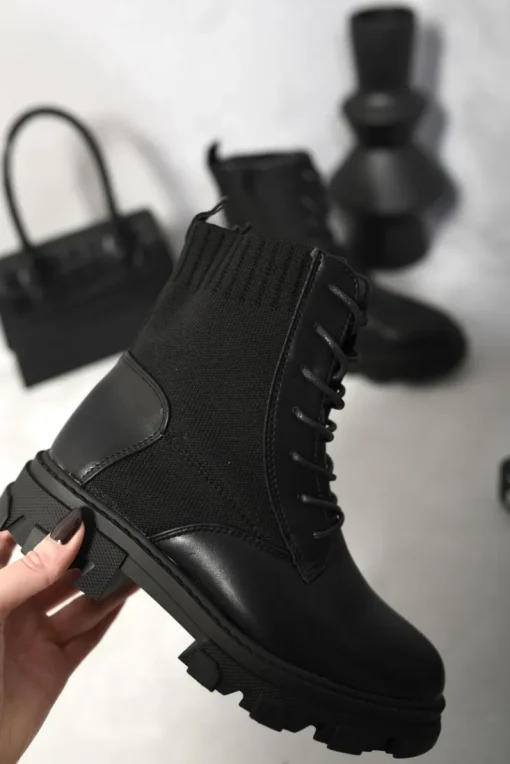Black Monica Knit Lace Up Chunky Ankle Boots<IKRUSH Fashion
