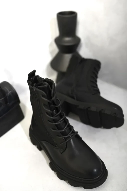 Black Monica Knit Lace Up Chunky Ankle Boots<IKRUSH Fashion