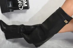 Black Myla Skirted Fold Over Buckle Pointed Toe High Boots<IKRUSH Outlet