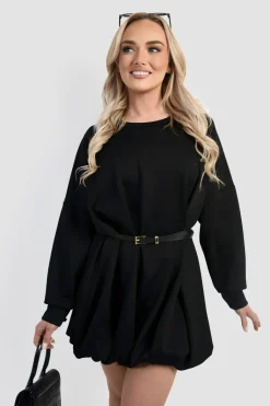 Black Nadia Belted Long Sleeve Mini Balloon Dress<IKRUSH Outlet