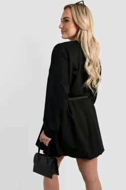 Black Nadia Belted Long Sleeve Mini Balloon Dress<IKRUSH Outlet