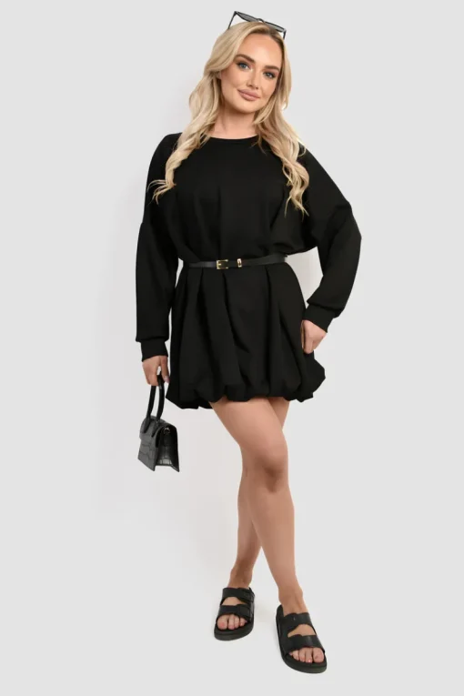 Black Nadia Belted Long Sleeve Mini Balloon Dress<IKRUSH Outlet