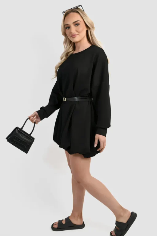 Black Nadia Belted Long Sleeve Mini Balloon Dress<IKRUSH Outlet