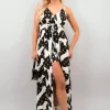 Black Nadia Printed V-Neck Sleeveless Romper Midi Dress<IKRUSH Outlet