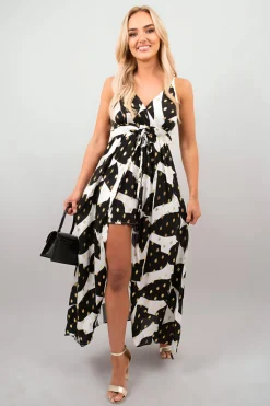 Black Nadia Printed V-Neck Sleeveless Romper Midi Dress<IKRUSH Outlet